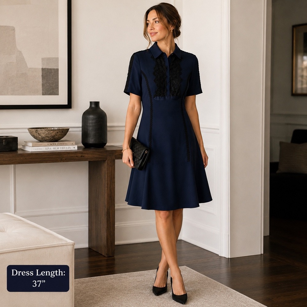Marchesa Voyage Navy Blue Black Lace Collared Fit Flare Dress Size 6